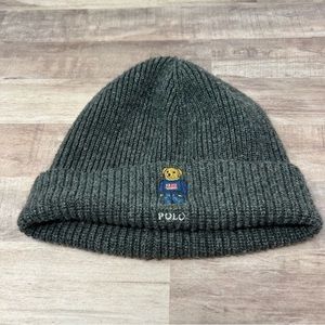 Polo Ralph Lauren Adult Polo Teddy Bear Beanie in Gray. Patriotic Polo Bear Hat